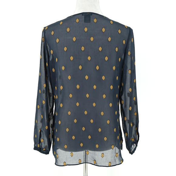 Ann Taylor Top Petites SP PS Navy Blue Sheer Blouse Gold Medallions Embroidery - Picture 2 of 14